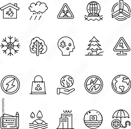 Modern monochrome graphic pack for environmental and ecological projects, focusing on nature, awareness, and sustainability icons.