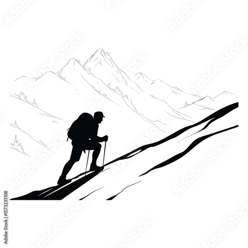 Man with backpack and poles climbing steep mountain slope silhouette