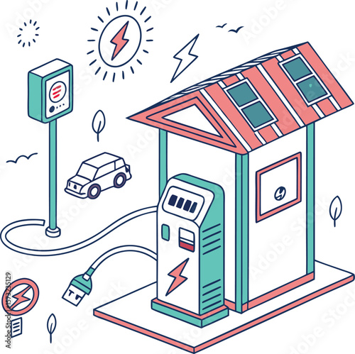 Charging station graphic showcasing renewable energy with solar panels and electric vehicles.