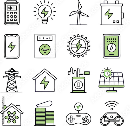 Green energy line icon set for eco solutions and sustainable technology concepts