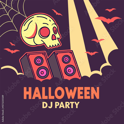 Spooky halloween dj party poster featuring a stylized yellow skull red speakers flying bats and a spiderweb against a dark purple background with yellow spotlight beams