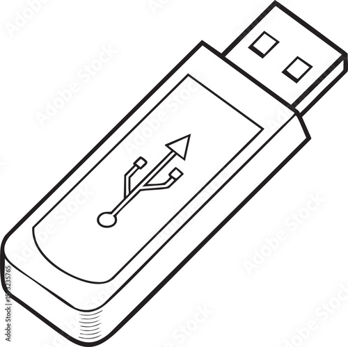 Stylized black and white line art drawing of a usb flash drive isolated on transparent background