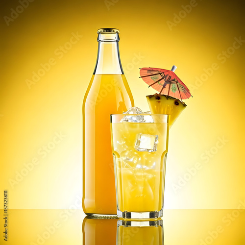 A sparkling clean bottle of pineapple juice with a glass and ice cubes, garnished with pineapple slices and a small umbrella, on a glowing yellow background