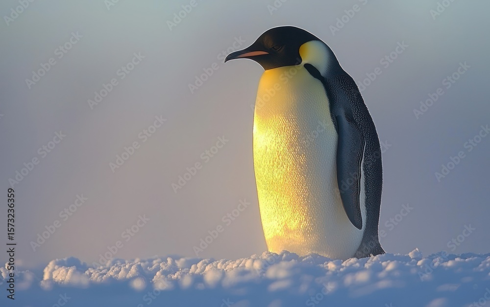 Obraz premium Emperor penguin bathed in golden sunrise light on snowy Antarctic ice