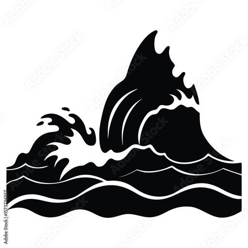 Silhouette of Waves Crashing on Rocks  Bold Ocean Vector Illustration