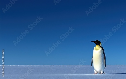 Emperor penguin on a pristine white ice field against a vibrant blue sky