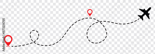 Airplane dotted route line set. Airplane dashed line path flat style design isolated on white background. plane icon follow from start pin point to finish by dashed line. Airplane route trace flight