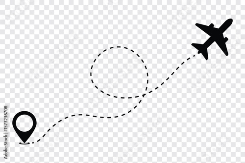 Airplane dashed line path flat style design isolated on white background. plane icon follow from start pin point to finish by dashed line. Airplane route trace flight air map.