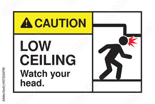 Low Ceiling Warning Sign – Head Impact Hazard Caution Symbol – High Quality Stock Image