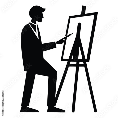 Minimalist Silhouette of an Artist Painting on Canvas Clean Line Art Illustration