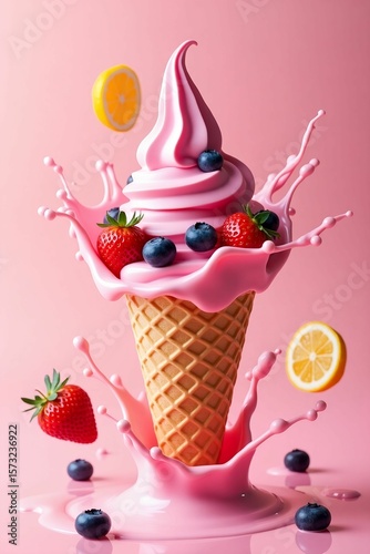 Pink Soft Serve Ice Cream Cone with Berries and Splash on Pink Background