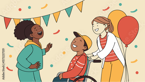 Children in wheelchairs and friends celebrate a party with joy and support.