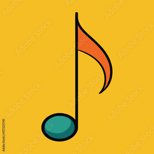 Orange and teal musical note on yellow background eighth note sound