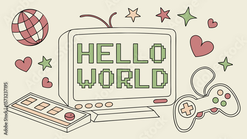 Retro television displays "Hello World" message, surrounded by game-related objects.