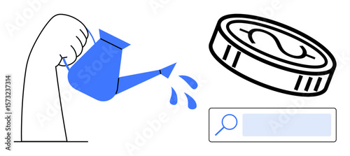 Hand holding watering can pours water beside coin and search bar, symbolizing growth, finance, and investment. Ideal for teamwork, savings, strategy, search, money management creativity simple