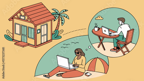 Remote workers enjoying tropical beach life, visualizing idyllic work-from-home scenarios.