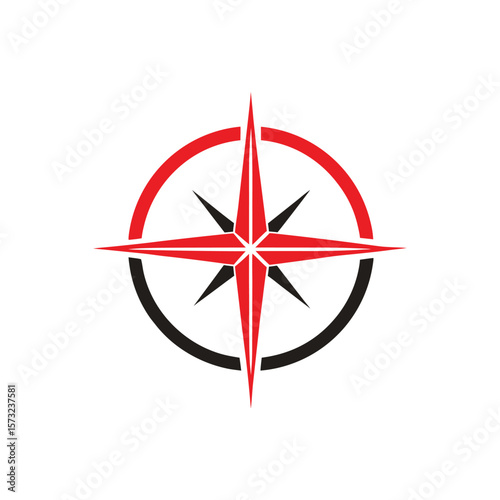 Red black compass rose starburst with circular frame navigation direction