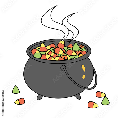 A black cauldron overflowing with colorful candy corn and emitting wisps of steam symbolizing a festive halloween treat or a witch s brew