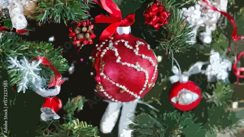 Bola decorativa roja y guirnaldas para adornar el árbol de navidad.Red Christmas ball on wooden table