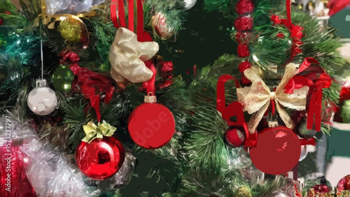 Bola decorativa roja y guirnaldas para adornar el árbol de navidad.Red Christmas ball on wooden table