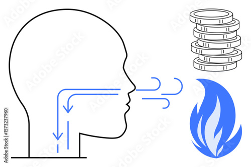 Human profile with airflow arrows, blue flames, and stacked coins. Ideal for health, energy, economics, risk, decision-making sustainability metaphorical concepts. Simple flat metaphor