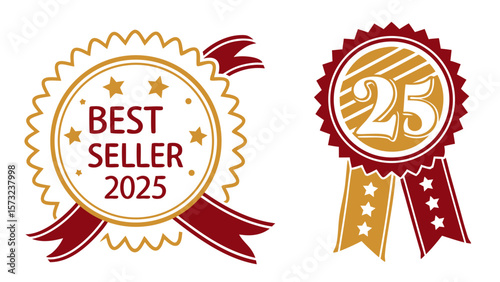 Two vintage-style best seller badges, one with 2025, highlighting achievement.