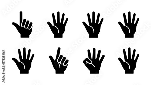 Vector Collection of stylized black hands in various gestures against a white background
