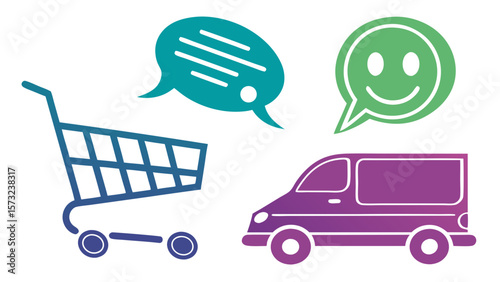 Shopping cart, delivery van, and speech bubbles showing positive customer feedback.