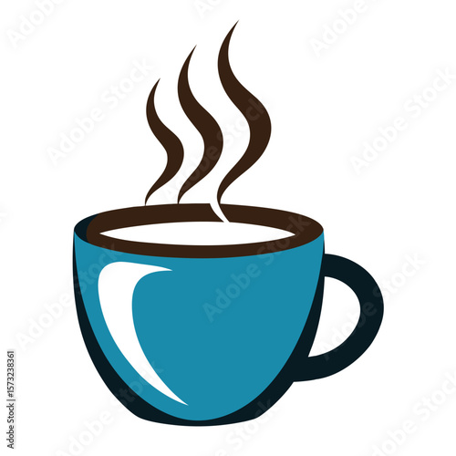 Steaming blue coffee cup with white liquid hot beverage