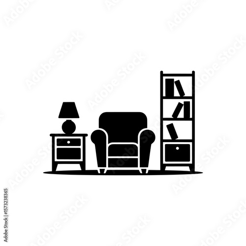 Cozy reading nook with armchair lamp and bookshelf minimalist design