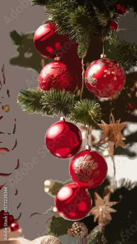 Bola decorativa roja y guirnaldas para adornar el árbol de navidad.Red Christmas ball on wooden table