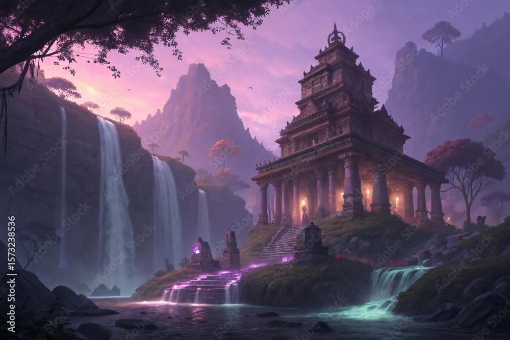 Fototapeta premium Moonlit temple fountain in Asia's natural landscape with a serene water cascade under the night sky