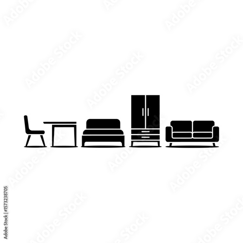 Collection of modern black furniture silhouettes including sofas chairs table and bookshelf