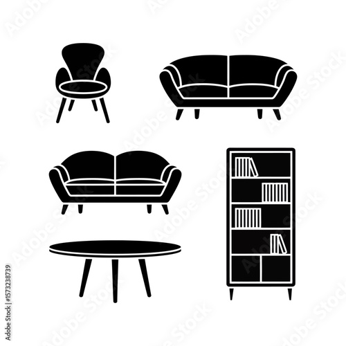 Collection of modern black furniture silhouettes including sofas chairs table and bookshelf