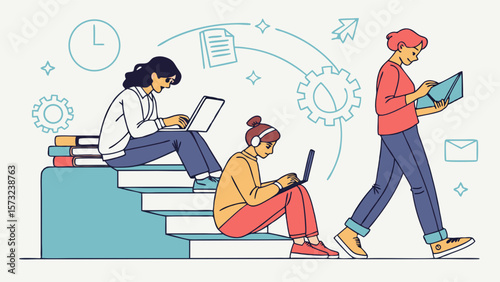 Three young women engage in diverse study and work activities, utilizing laptops, books, and digital devices, symbolizing modern learning and collaboration.