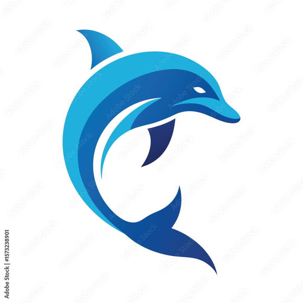 Stylized blue dolphin leaping through waves ocean Stylized blue dolphin leaping through waves ocean