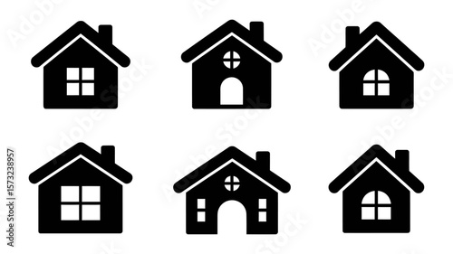 Vector Collection of six simple black house icons with different window styles on white background