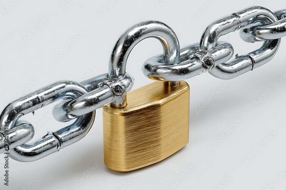A 3 D Render of a Brass Padlock Securing a Silver Metal Chain with a Broken Link on a White Background A 3 D Render of a Brass Padlock Securing a Silver Metal Chain with a Broken Link on a White Background