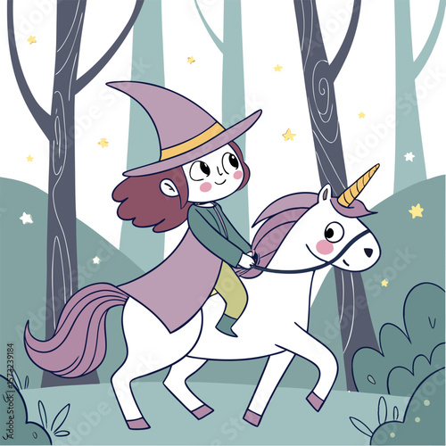 Charming cartoon illustration of a young witch wearing a purple pointed hat and cloak riding a white unicorn through a whimsical forest with gentle trees and twinkling stars