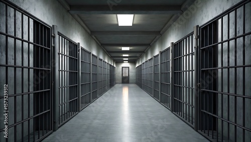 A long, dimly lit prison corridor stretches into the distance, lined with metal bars and locked cell doors, evoking a sense of confinement, justice, and the consequences of crime