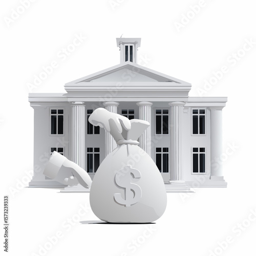 A government grant icon, represented by an official building handing a bag of money to a person, isolated on a white background