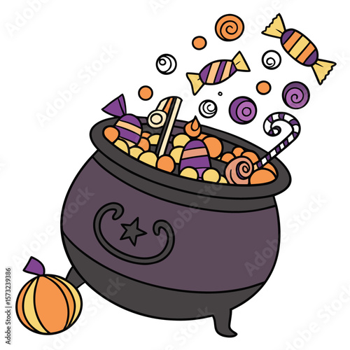 Whimsical halloween cauldron overflowing with colorful candies and treats featuring a small pumpkin on the side and swirling elements perfect for festive decorations and invitations