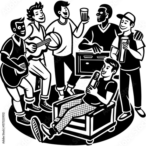 Male Friendship Group Activities – Playing Guitar, Watching TV, Gaming, Dancing, and Hanging Out Together

