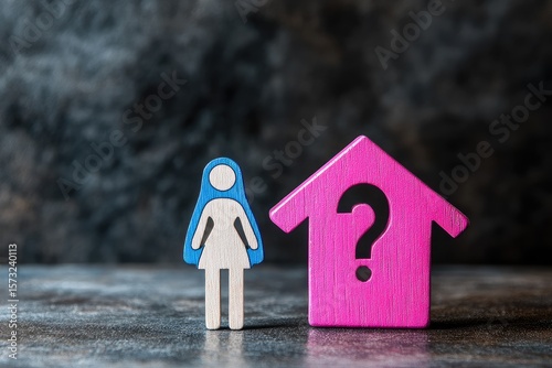 A woman figurine beside a pink house with a question mark, implying indecision or lack of certainty about future housing