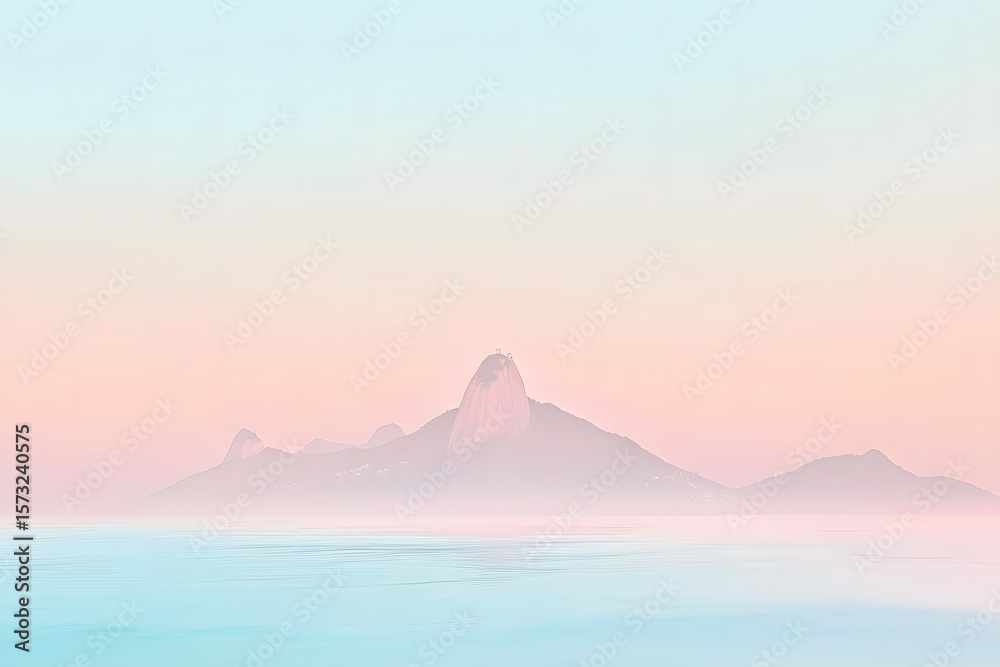 Naklejka premium Serene pastel landscape featuring distant mountains reflected in calm water, creating a tranquil atmosphere with soft hues of pink and blue, evoking a sense of peace and serenity