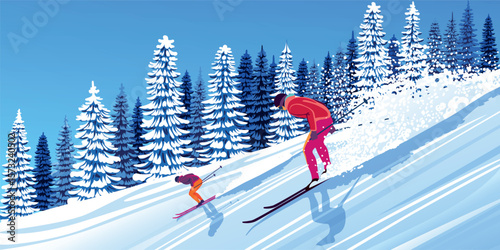 Winter landscape with skiers on skiing slope, forest and mountains in the background. Handmade drawing vector illustration. Can be used as poster, banner etc.
