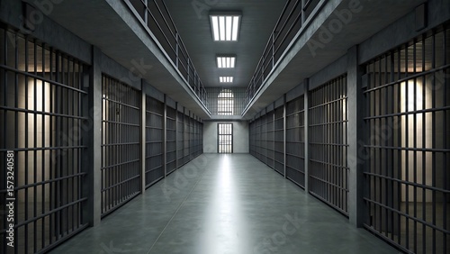 The dimly lit prison hallway, with rows of metal bars and cells, evokes a sense of confinement and the weight of the justice system