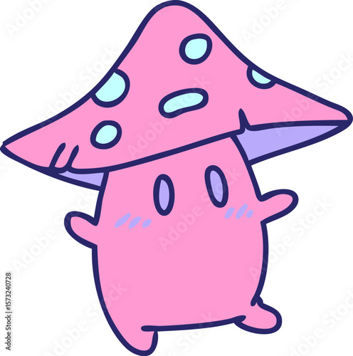 cartoon of a rare tiny mushroom creature frolicking in the fall breeze in bright neon color