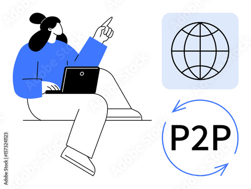 Woman pointing while working on laptop, globe representing worldwide connection, and P2P arrows for digital exchange. Ideal for technology, networking, communication, globalization, remote work