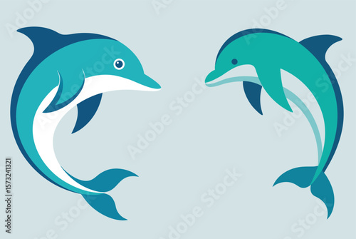 Two stylized dolphins swimming in a playful pose marine life ocean